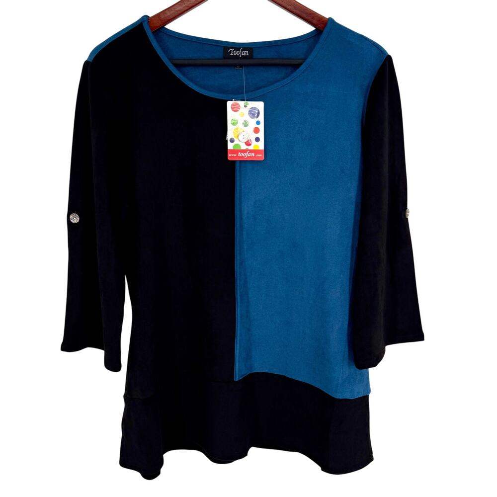 NEW NWT TooFan Sz Small Faux Suede Blue Black Wearable Art Blouse Shirt Top